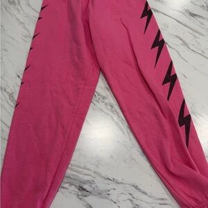 Aviator Nation Pink Joggers with Black Lightning Pattern
